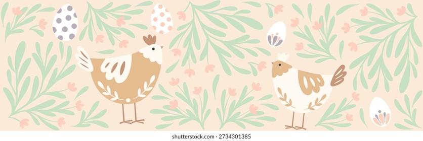 Banner de frango de Páscoa caprichado com ovos de pastel, folhagem de primavera e charme de fazenda lúdico