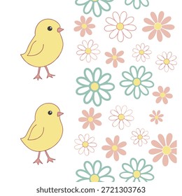 Whimsical Easter chicks and daisies seamless tile pattern with pastel spring colors concept as Pastel spring colors highlight whimsical Easter chicks and daisies in seamless tile pattern in Photo Stock Concept and empty space on the left side,no text --ar 7:2 --tile