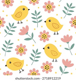 Whimsical Osterküken und Blumenblüten nahtloses Fliesenmuster mit spielerischen Frühlingsfarben Konzept als Spielerische Frühlingsfarben kennzeichnen whimsical Osterküken inmitten floraler Blüten in nahtlosem Fliesenmuster in Foto Stock Konzept und leerem Raum auf der linken Seite, kein Text —ar 7:2 —tile