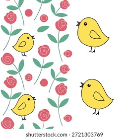 Whimsical Easter chicks and roses seamless tile pattern with playful spring colors concept as Playful spring colors highlight whimsical Easter chicks and roses in seamless tile pattern in Photo Stock Concept and empty space on the left side,no text --ar 7:2 --tile