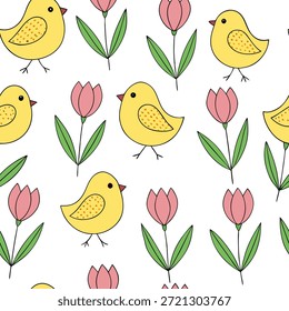 Whimsical Easter chicks and tulips seamless tile pattern with playful spring hues concept as Playful spring hues highlight whimsical Easter chicks and tulips in seamless tile pattern in Photo Stock Concept and empty space on the left side,no text --ar 7:2 --tile