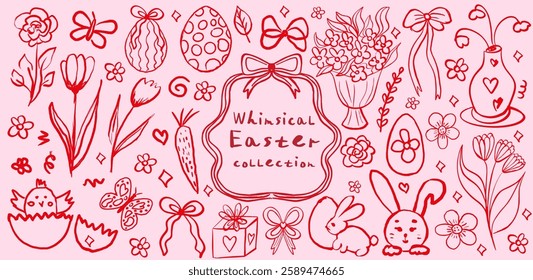 Whimsical Easter coquette set with food and wine red and pink background. La dolce vita concept. Design elements for Valentines Day greeting cards, invitations, spring. Vector illustration