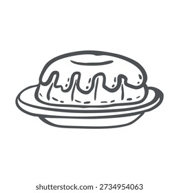 Whimsical Oster Cupcake auf Platte, Vektorgrafik. Handgezeichnete Umrisse festliche Bäckerei mit Frosting für Food-Design. Frühlingsdessert einzeln doodle für Feiertagskarte, Einladung, Druck.