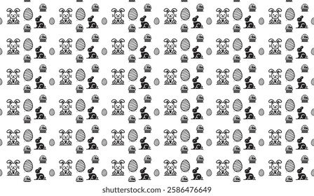 Whimsical Easter Delight, A Playful Pattern of Bunnies, Eggs, and Baskets in a Charming Black and White Illustration Perfect for Festive Designs