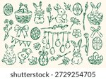 Whimsical Easter doodle collection of bunnies, decorated eggs, flowers, drawn in a charming hand-sketched style.