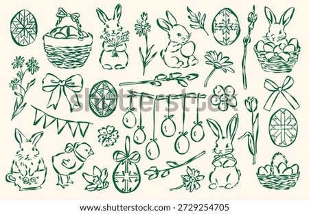 Whimsical Easter doodle collection of bunnies, decorated eggs, flowers, drawn in a charming hand-sketched style.