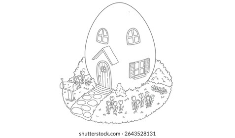 Whimsical Easter Egg House Outline Tiny Door Windows Tulip Garden Fantasy Spring Line Art Illustration