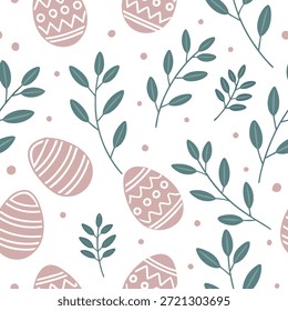 Whimsical Easter eggs and spring branches seamless tile pattern with playful pastel tones concept as Playful pastel tones highlight whimsical Easter eggs and spring branches in seamless tile pattern in Photo Stock Concept and empty space on the left side,no text --ar 7:2 --tile