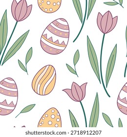 Whimsical Easter eggs and tulips seamless tile pattern with playful pastel colors concept as Playful pastel colors highlight whimsical Easter eggs and tulips in seamless tile pattern in Photo Stock Concept and empty space on the left side,no text --ar 7:2 --tile