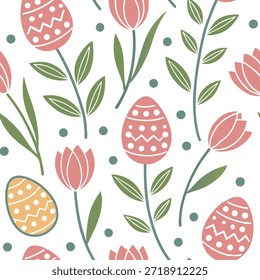 Ovos de Páscoa e tulipas extravagantes padrão de azulejos sem emenda com cores pastel brincalhão conceito como cores pastel brincalhão realçam ovos de Páscoa extravagantes e tulipas em padrão de azulejos sem emenda no Conceito de Stock de Foto e espaço vazio no lado esquerdo, sem texto —ar 7:2 —azulejo