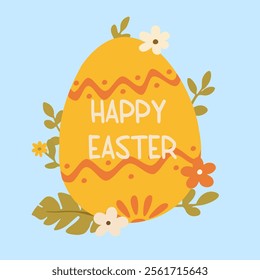  A whimsical Easter illustration featuring a brightly colored egg adorned with floral patterns, set against a soft blue background. 