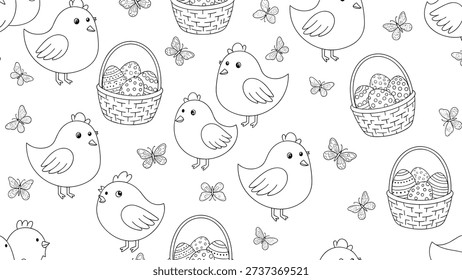 Whimsical Easter pattern for coloring features adorable chicks, baskets filled with decorated eggs, and fluttering butterflies in line art.