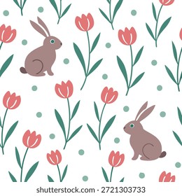 Whimsical Osterkaninchen und Tulpen nahtloses Fliesenmuster mit spielerischen Federelementen Konzept als Spielerische Federelemente wie whimsical Osterkaninchen und Tulpen schaffen nahtloses Fliesenmuster in Foto Stock Concept und leeren Raum auf der linken Seite, kein Text —ar 7:2 —tile