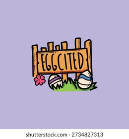 Whimsical Easter scene featuring a hand-drawn wooden sign, pastel eggs, a pink flower, and green grass against a soft purple backdrop, conveying celebration, springtime, and family-friendly charm.