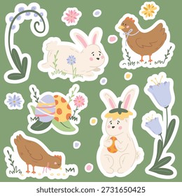 Whimsical Easter sticker set with bunnies, chickens, decorated eggs, and flowers. Hand-drawn vector perfect for Easter cards, crafts, printables, or children's designs.