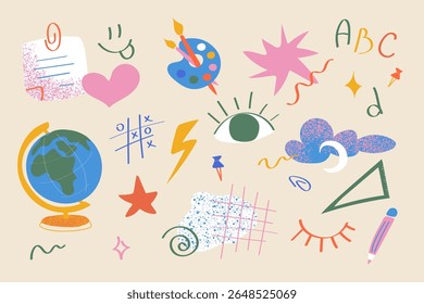 A whimsical educational design element set featuring a palette of eyes, hearts, globes and ABCs in a colorful abstract style. Perfect for school posters, kids learning printables and classroom learnin