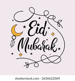 Whimsical Eid Mubarak greeting card featuring crescent moon, lantern, stars, and swirl accents. Ideal for festive Islamic designs, holiday wishes, and social media celebrations.
