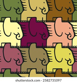 Whimsical Elephant Tessellation Seamless Pattern with Wings in Yellow, Pink, Beige, Green and Brown