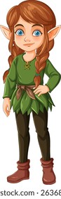 A whimsical elf with braided hair, wearing green and brown clothing. Bright colors and detailed illustration style