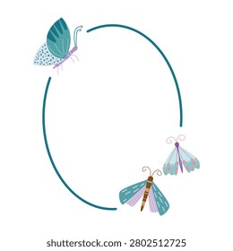 Whimsical elliptical turquoise border decorated with adorable hand-drawn butterflies and moths in blue and purple tones. Perfect template for children's invitations, spring or summer designs, baby shower greeting cards, and photo frames. Isolated vector illustration.