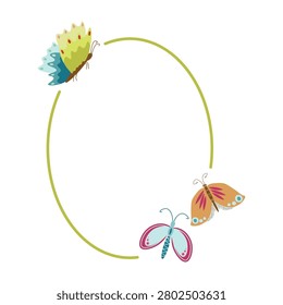 Whimsical elliptical yellow border decorated with adorable hand-drawn colorful butterflies and moths. Perfect template for children's invitations, spring greeting cards, baby shower designs, and photo frames. Isolated vector illustration.