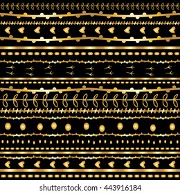 Whimsical embroidery golden stripes on black hand drawn doodle pattern. Seamless texture with stitches, hearts, dots, branches, bird footprints for decoration background.