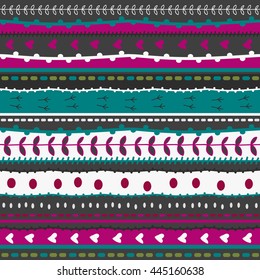 Whimsical embroidery stripes hand drawn doodle pattern. Fancy Seamless texture with stitches, hearts, dots, branches, bird footprints for decoration, digital paper, invitation card background. vector