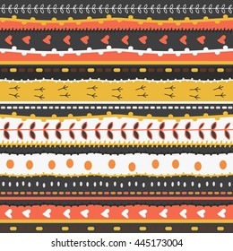 Whimsical embroidery stripes hand drawn doodle pattern. Seamless texture with stitches, hearts, dots, branches, bird footprints for decoration background. Autumn, fall palette. Warm color vector.