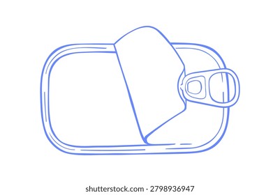 Whimsical empty sardine can icon in simple outline sketch style with canned fish lid detail. Minimal seafood illustration and french doodle graphic for menu, stamp, logo or retro label design on