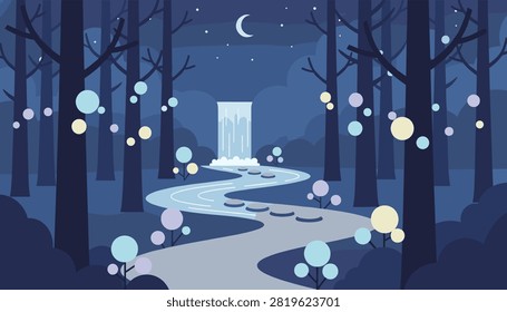 Whimsical enchanted forest at night portrays a winding river leading to a beautiful waterfall under a glowing moon.