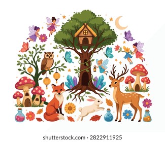 Whimsical enchanted forest scene featuring charming fairies, an owl on a branch, a fox, a rabbit, a deer, magical mushrooms, glowing lanterns, a treehouse, sparkling crystals, and vibrant flowers, creating a mystical and fantastical setting.