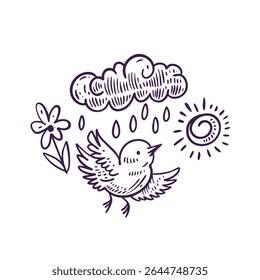 A Whimsical and Enchanting Bird in Nature Surrounded by Both Sun and Rainy Weather