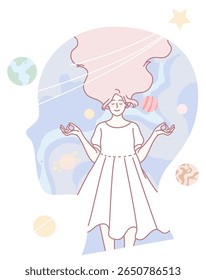 A whimsical and enchanting illustration featuring a woman deeply meditating, her hair adorned with cosmic elements