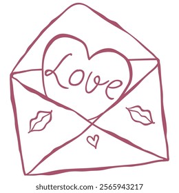 Whimsical Envelope with Heart. Line Art Illustration.