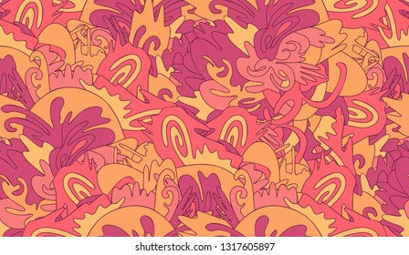 Whimsical ethnic seamless pattern. Orange and red hues. Oriental motif.