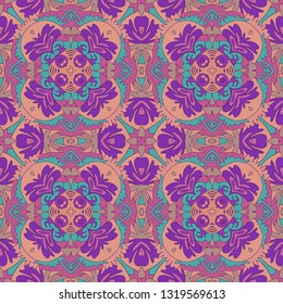 Whimsical ethnic seamless pattern. Vibrant colors. Boho chic motif.