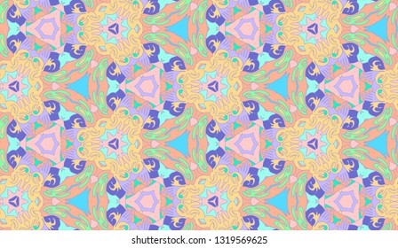 Whimsical ethnic seamless pattern. Vibrant colors. Boho chic motif.