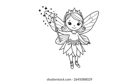 Whimsical Fairy With Basic Glittering Wand Coloring Sheet Stock Fantasy Art For Childrens Crafts And Activities
