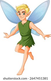 A whimsical fairy with blue wings and a green outfit, illustrated in a vibrant, cartoon style with dynamic pose
