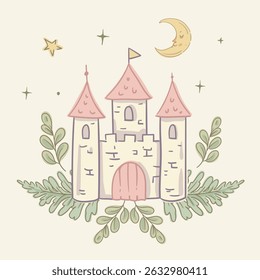 Whimsical Fairy Castle with Moon and Stars, Vector Illustration