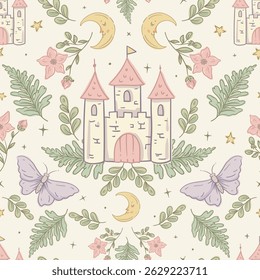 Whimsical Fairy Castle Seamless Pattern with Moon and Stars, Vector Illustration
