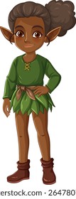A whimsical fairy character with pointed ears, wearing a green outfit. The illustration features vibrant colors and a playful style