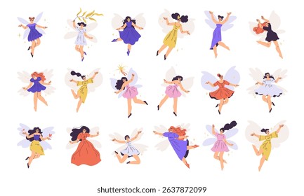 Whimsical Fairy Characters Joyfully Dancing in Colorful Outfits and Beautiful Costumes