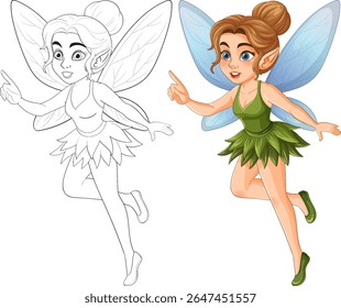 A whimsical fairy with colorful wings and playful expression, rendered in a detailed vector style with vibrant colors