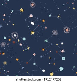 Whimsical fairy constellation vector seamless pattern. Diamond Unicorn Rainbow star sign baby fabric print Starry night sky kid background 