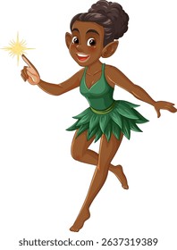A whimsical fairy in green attire with a glowing fingertip, showcasing vibrant colors and playful composition