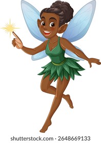 A whimsical fairy in green attire with translucent wings holds a glowing wand, set against a white background
