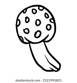 Whimsical fairy mushroom with a round, spotted cap, illustrated in a playful doodle style. Ideal for children's stories, posters, banners, souvenirs, t-shirts, and cards.