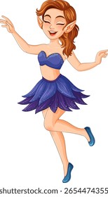 A whimsical fairy with pointed ears and a vibrant blue dress, exuding joy and magic in a playful pose