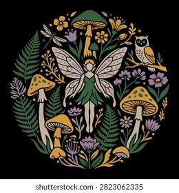 A whimsical fairy surrounded by forest mushrooms and woodland plants